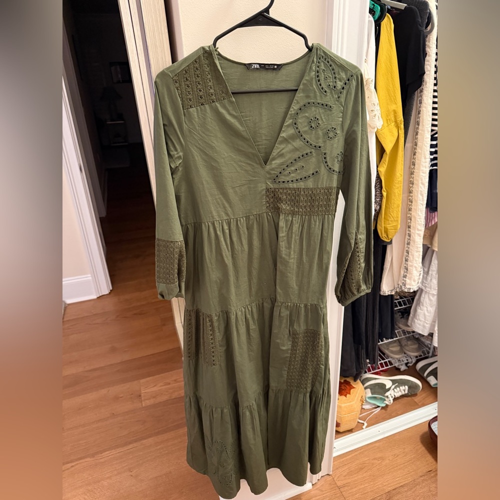 Zara Green Ruched Tiered Long Sleeve Sundress